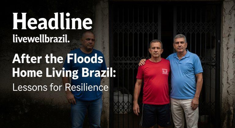 Interior of a flooded Brazilian home with belongings moved to higher shelves and family members arranging essentials.