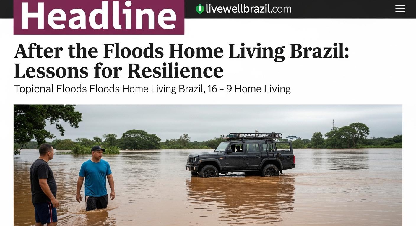 Interior of a flooded Brazilian home with belongings moved to higher shelves and family members arranging essentials.