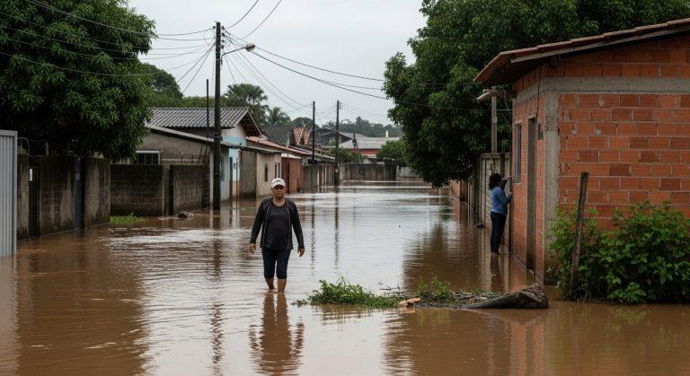 Interior of a Brazilian home prepared for floods with raised furniture and waterproof storage.