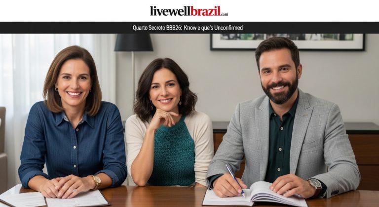 Editorial photo concept: Brazilian living room with BBB26 branding and notes about the rumored quarto secreto.