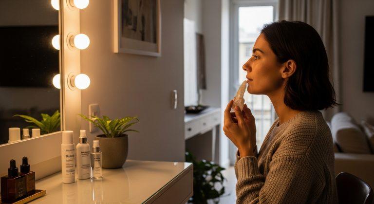 Vanity table with skincare products in a Brazilian home setting, embodying at-home face care trends.