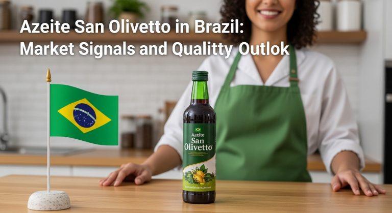 Bottle of Azeite San Olivetto olive oil in a Brazilian kitchen setting.