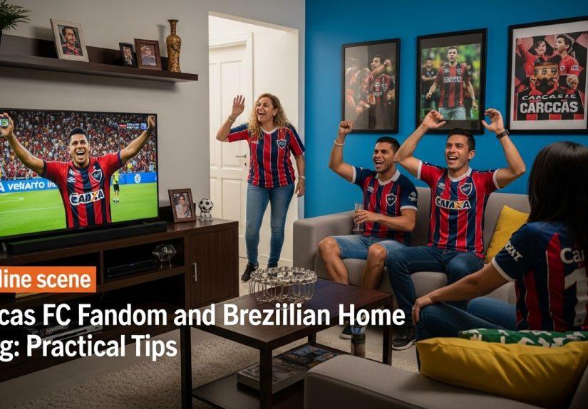 Brazilian living room watching Caracas FC match during football season.